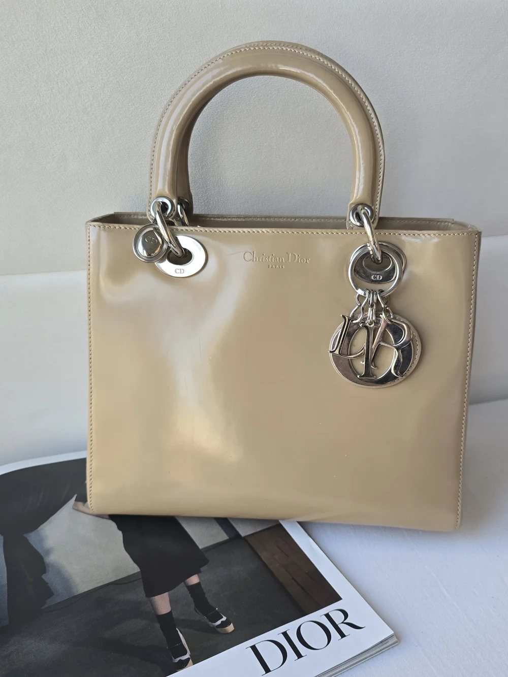Dior Beige Patent Lady Dior Tote + COA